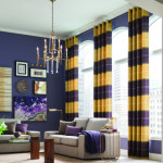 Colorful Graber Artisan Drapes and light blinds in blue living room