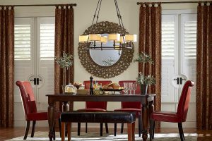 Interior plantation shutters with drapery and curtains