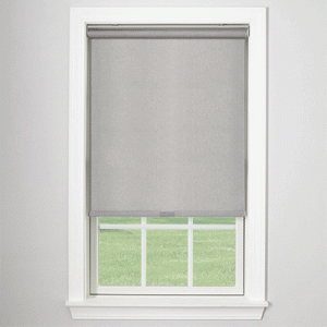 Gray blackout shades covering window in light gray room